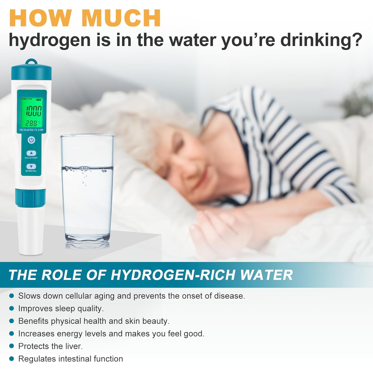 PH Meter TDS Meter 8 in 1 Water Quality Tester PH/TDS/EC/ORP/S G/Salinity/ H2/ Temp Meter, Used for Drinking Water, Pools, Hydroponics, Sea Water, Liquid Fertilizer