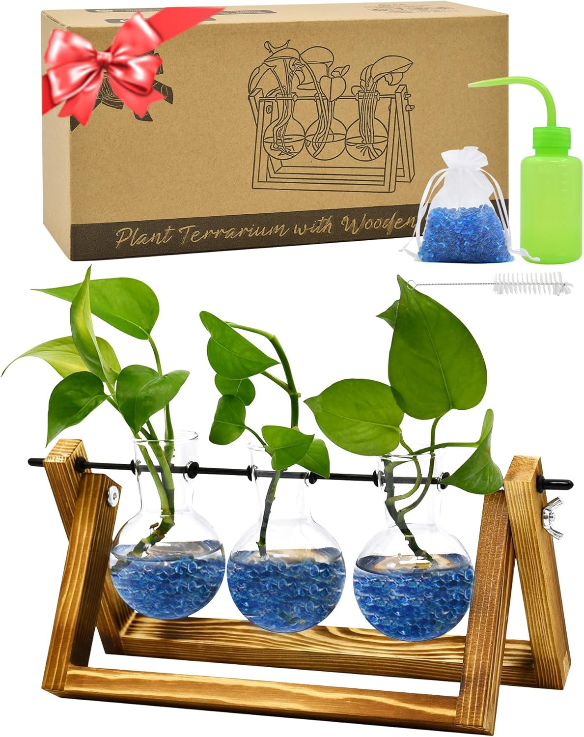 Plant Containers with Wooden Stand: Glass Air Bulb Vase Swivel Vintage Desktop for Office Living Room Garden Decor Gifts for Mom Grandma Women
