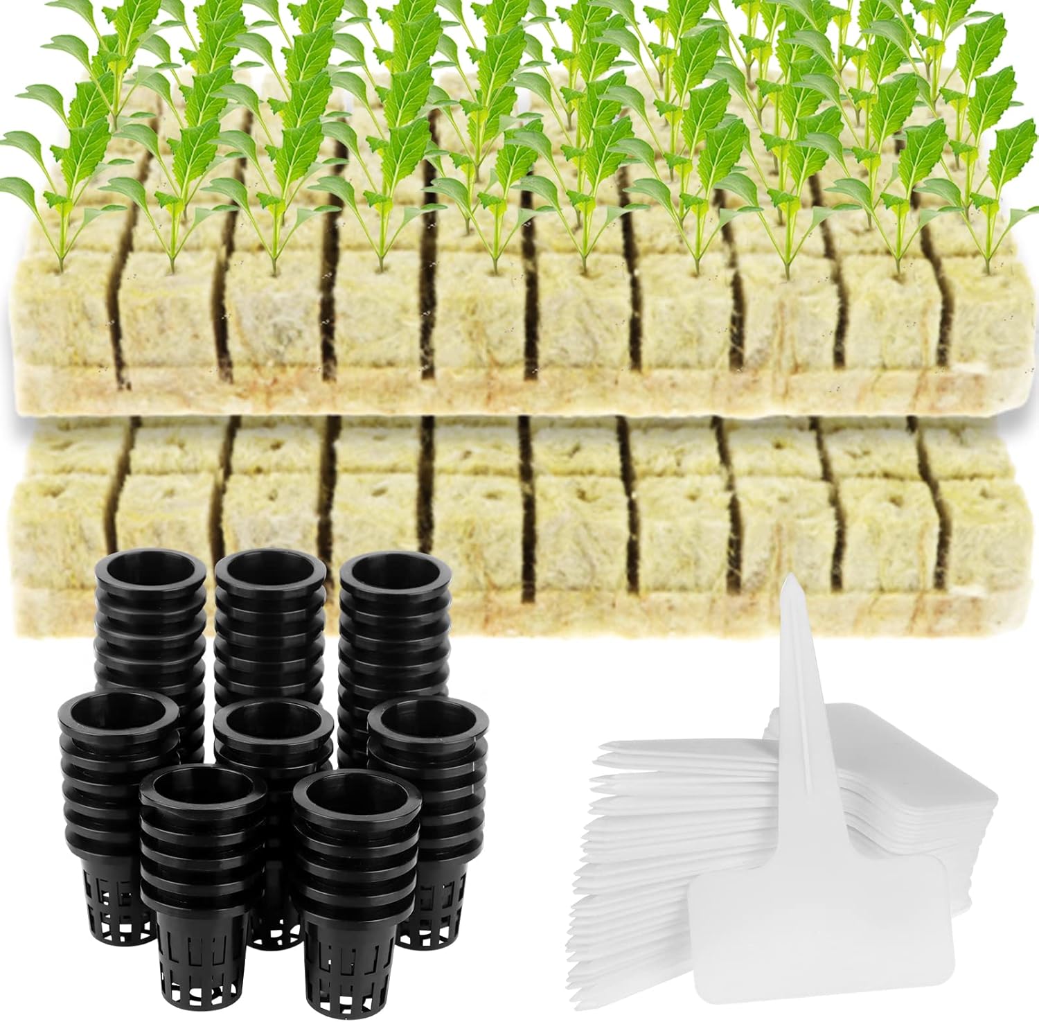 100 Set Rockwool Grow Cubes with Net Pots, Including 100 Packs 2 Inches Plastic Net Pots, 100 Rock Wool Planting Cubes and 100 Plant T-Type Tags for Hydroponics Garden Tower Supplies