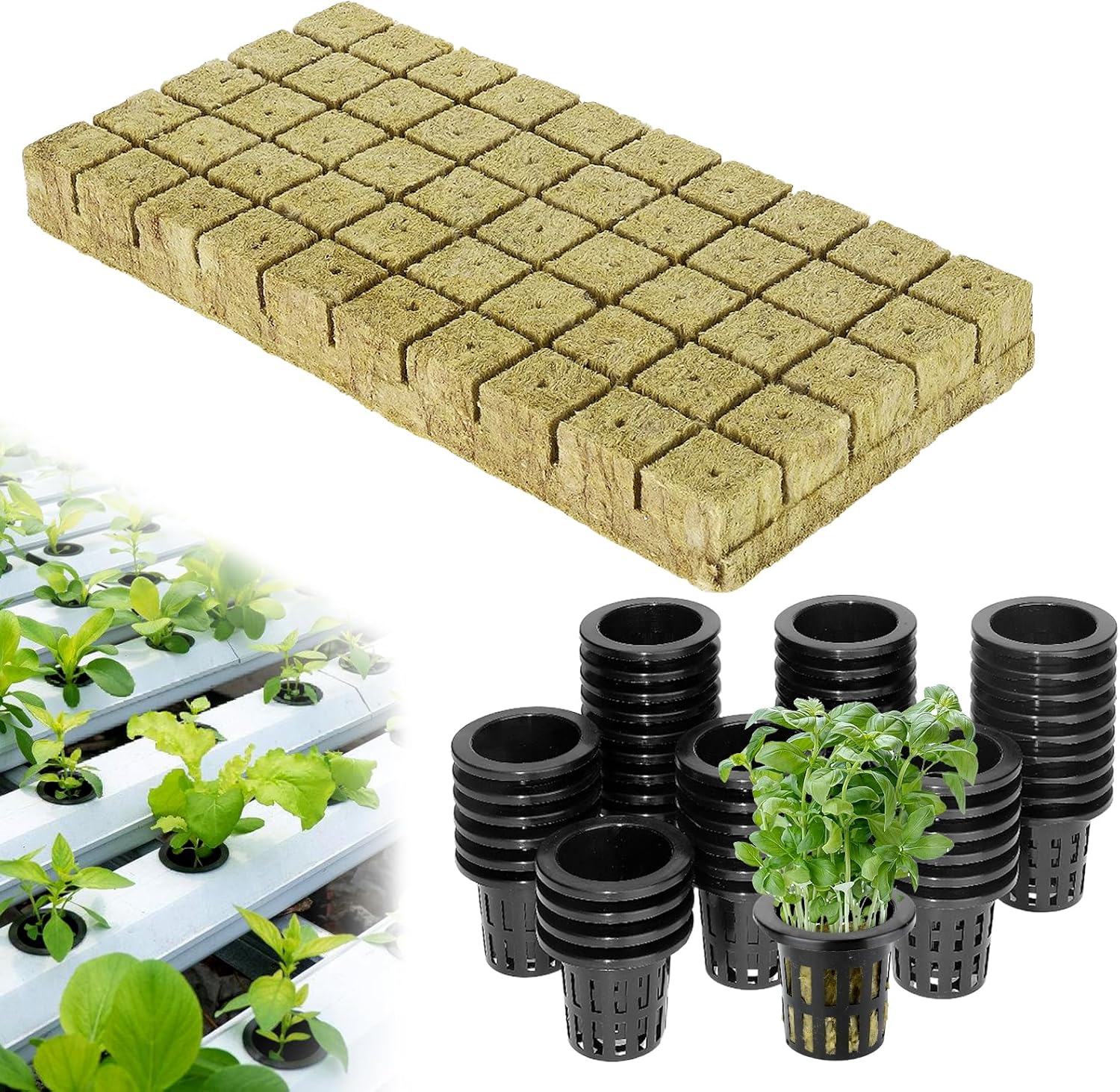 MADHOLLY 50Set 1.5in Rockwool Cubes for Hydroponics with Net Pots - Rock Wool Planting Cubes, 100 Plugs  100 Plant Net Cups, Rock Wool Grow Cubes for Rooting Clone Plants Vertical Garden Tower