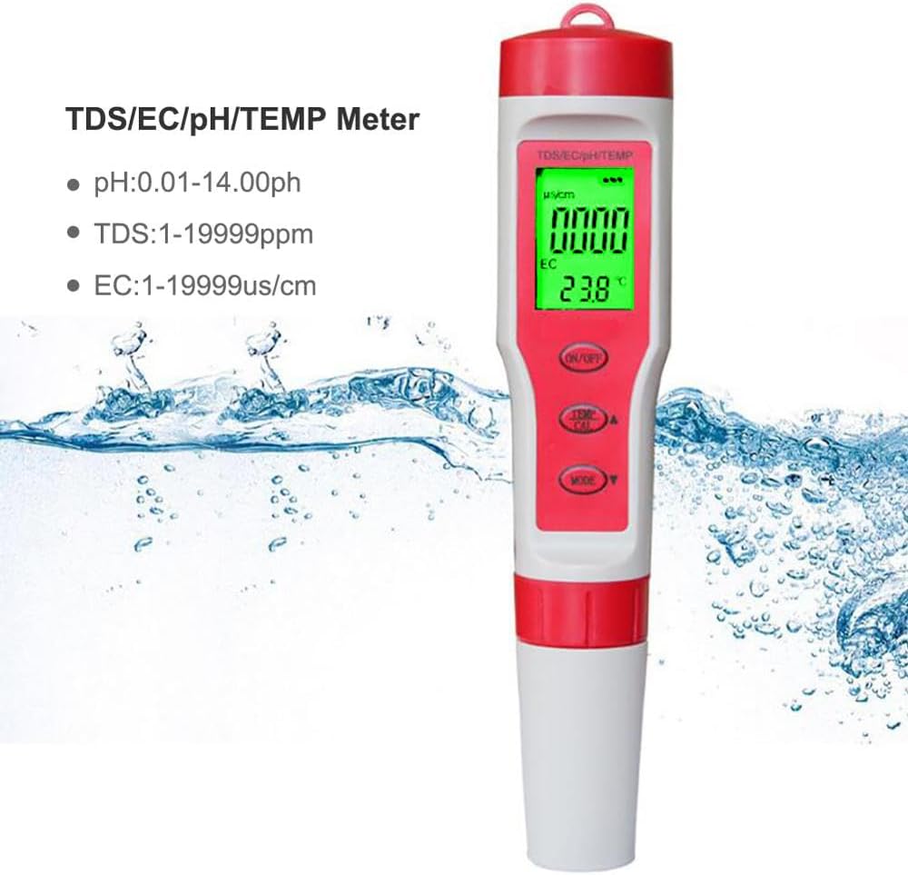 4-in-1 pH Meter, High Accuracy Measurement of pH, TDS, EC and Temperature Water Testing Kit for Home Drinking Water, Hydroponics, Laboratory, Aquarium and more.