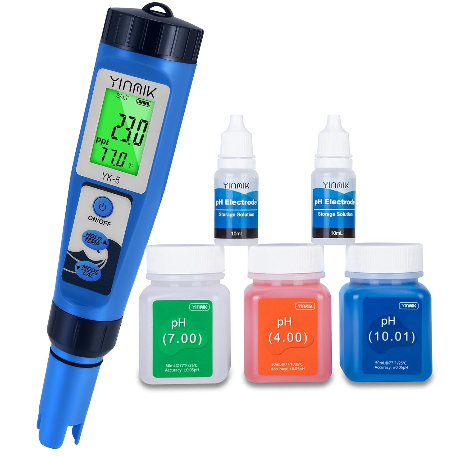 pH Meter and Salt Meter with pH Calibration Solution,Salinity Tester for Pool, 2 * 10ML pH Storage Solution for pH Probe Maintenance