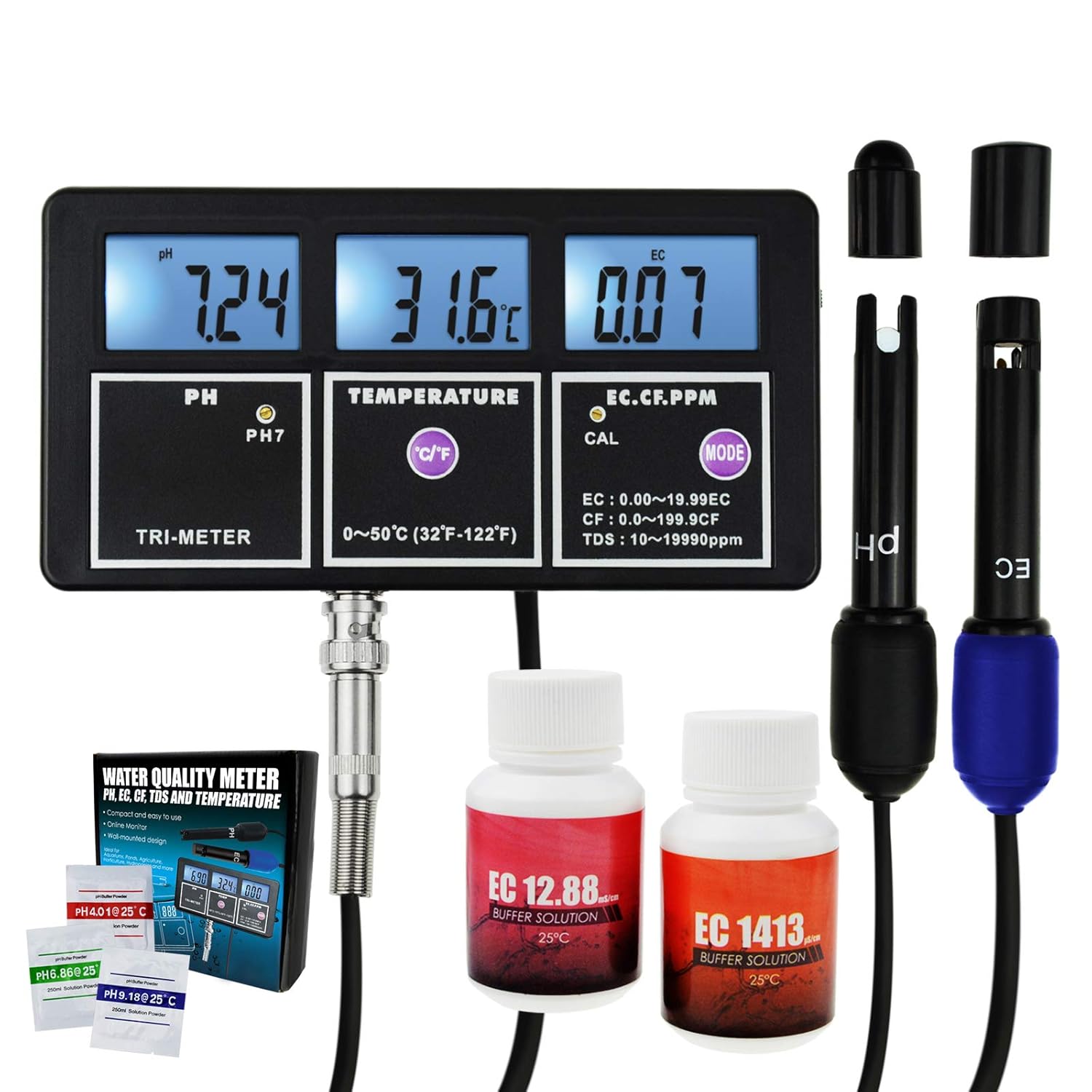 5-in-1 Water Quality Meter, PH EC CF TDS Temperature Multi-Parameter Water Quality Monitor with Backlight, Wall-mountable  Rechargeable, Water Quality Tester for Aquariums, Hydroponics, Lab