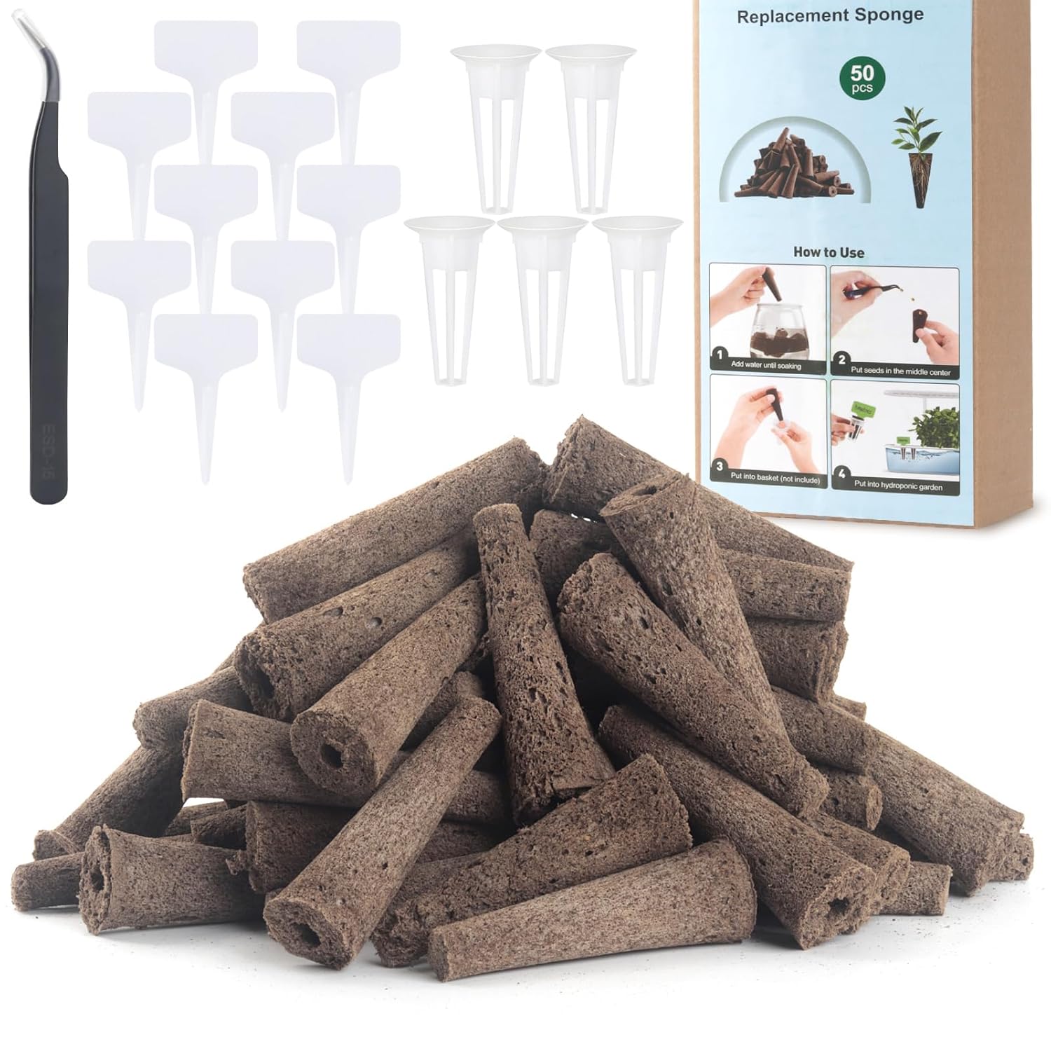 50 Pack Grow Sponges for Hydroponics, Replacement Root Growth Sponges Seed Starter Pods Refill Pods for Hydroponic Indoor Garden System with 10 Tags 1 Tweezer 5 Planting Basket, Black, RX001