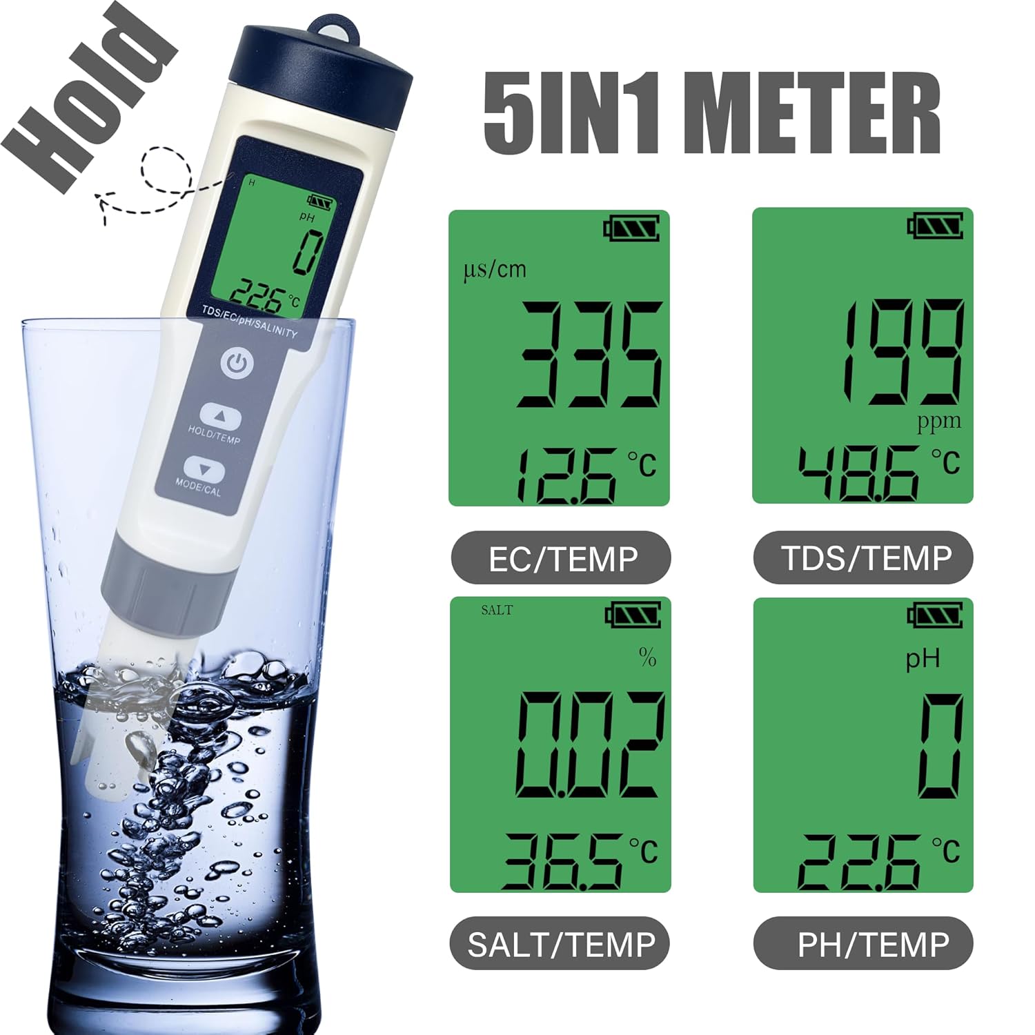 5 in 1 TDS Meter PH Pen Tester, PH/TDS/EC/Salt/Temp Meter for Pool, High Accuracy Digital Salinity Meter for Saltwater Drinking Water Soil Aquarium Hot Tubs Fish Pond  Spas, IP67 Waterproof