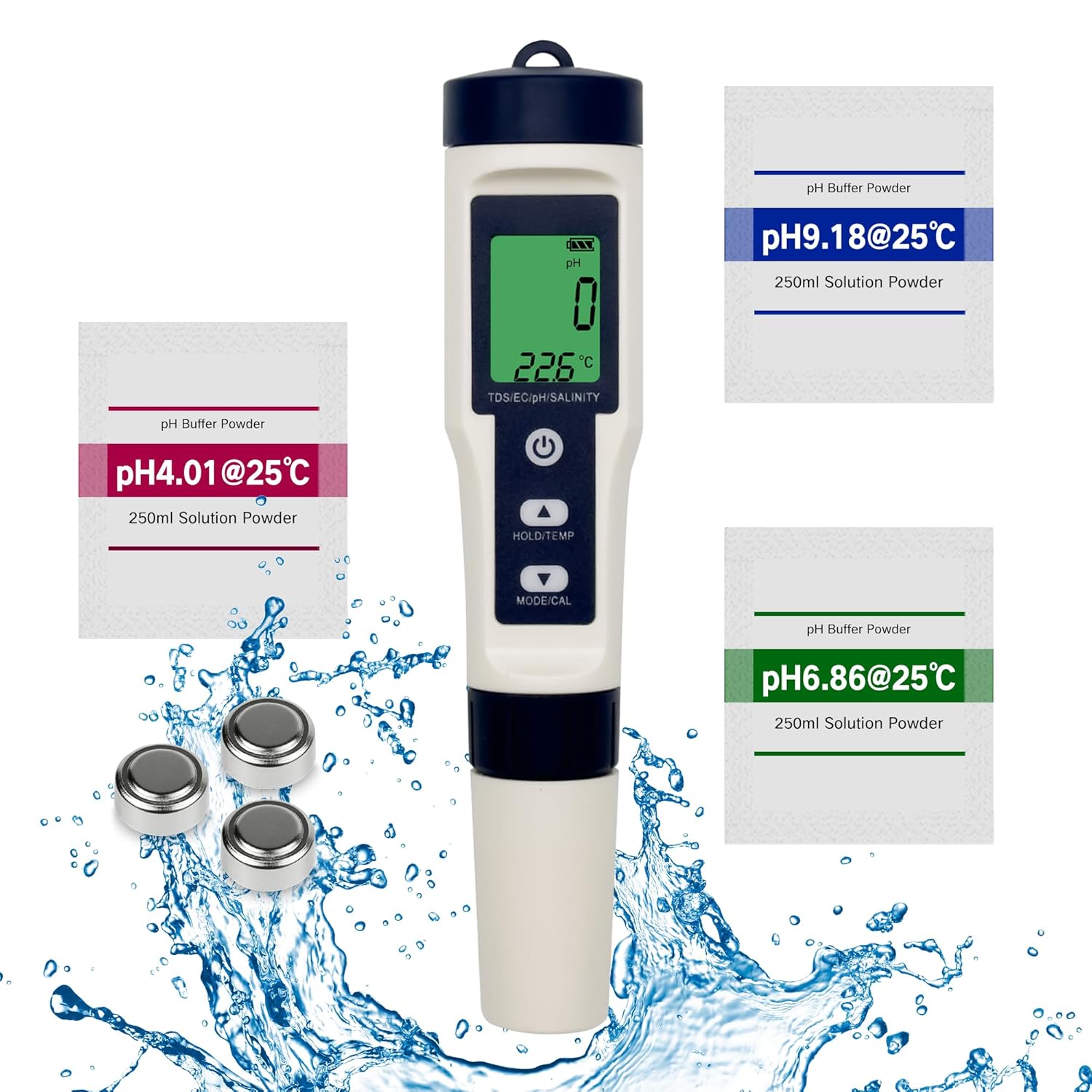5 in 1 TDS Meter PH Pen Tester, PH/TDS/EC/Salt/Temp Meter for Pool, High Accuracy Digital Salinity Meter for Saltwater Drinking Water Soil Aquarium Hot Tubs Fish Pond  Spas, IP67 Waterproof