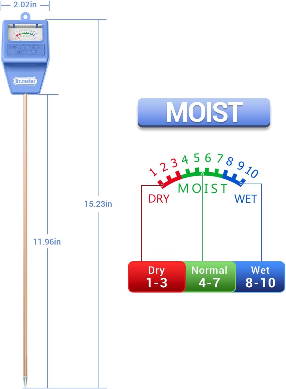 Dr.meter Soil Moisture Meter Tester for Plants, Long Probe Hygrometer Moisture Sensor for Houseplants Indoor Outdoor Garden Lawn Use - Plant Water Gauge Meter, No Battery Needed, Gardening Gifts, Blue