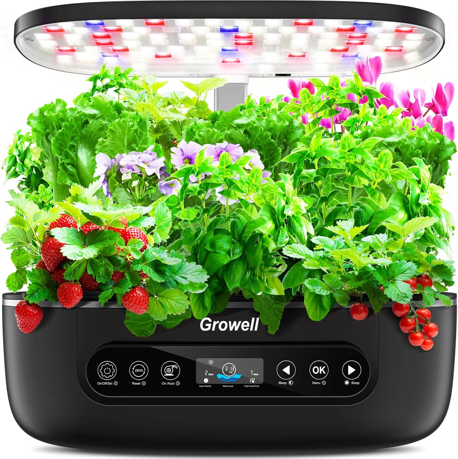 Hydroponics Growing System 12 Pods, Growell Smart Herb Garden with 96 38W LED Grow Lights, 10L Double-Layer Water Tank, Customizable Cultivation Program, Indoor Garden for Home Kitchen, Office (Black)