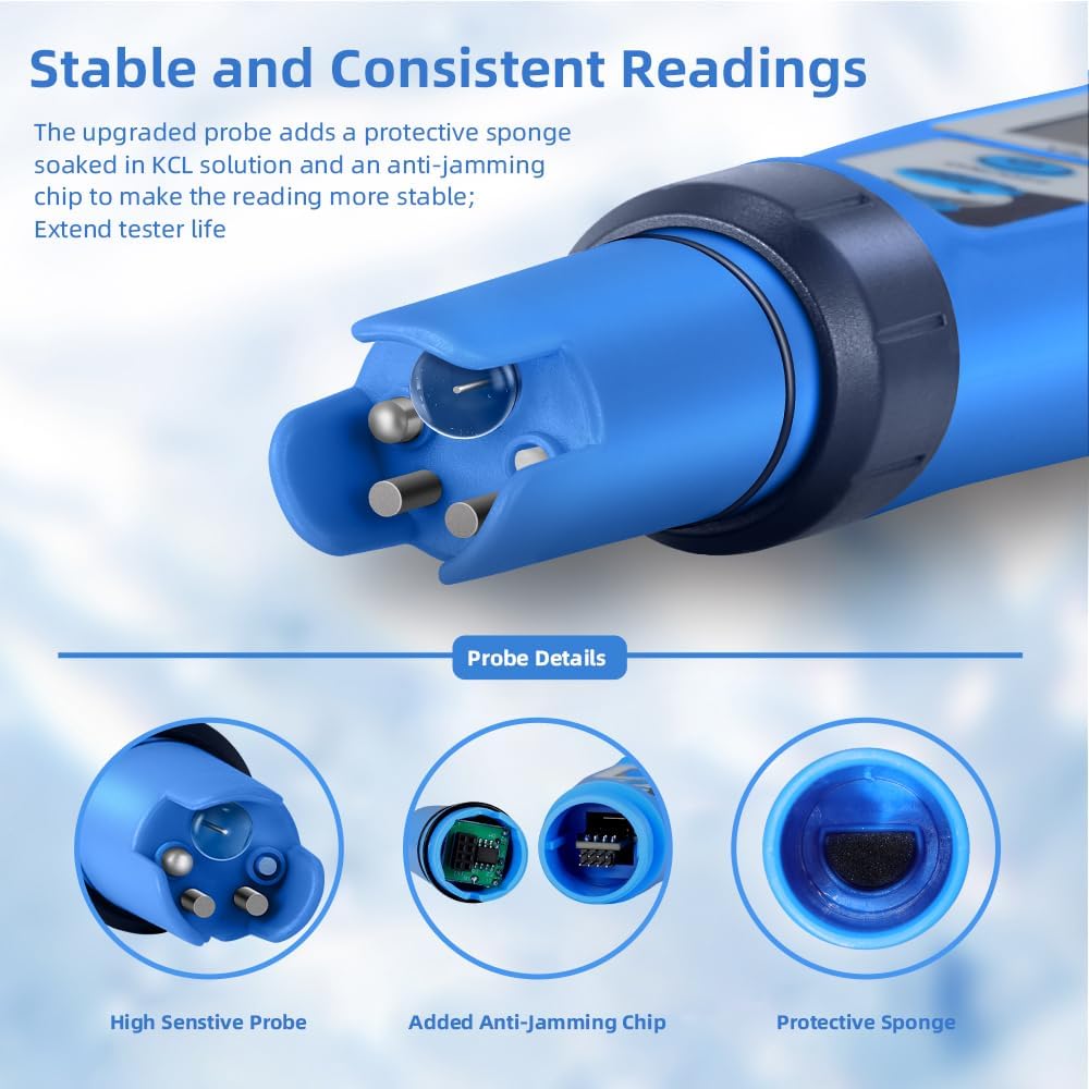 Digital Salt Meter Kit for Pool with Replaceable Probe,5 in 1 pH TDS EC Salinity Tester with 12.88 mS/cm Calibration Solution and 2 * 10ML pH Storage Solution for pH Probe Maintenance