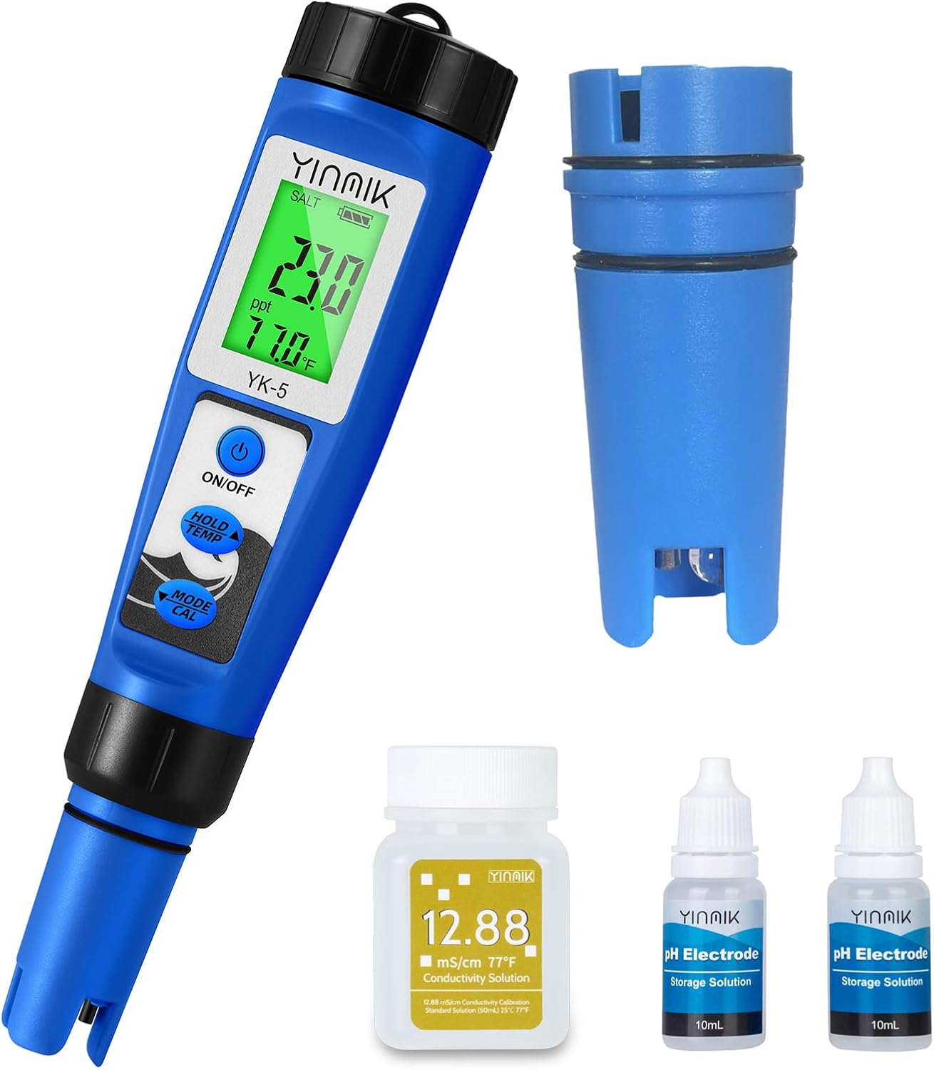 Digital Salt Meter Kit for Pool with Replaceable Probe,5 in 1 pH TDS EC Salinity Tester with 12.88 mS/cm Calibration Solution and 2 * 10ML pH Storage Solution for pH Probe Maintenance