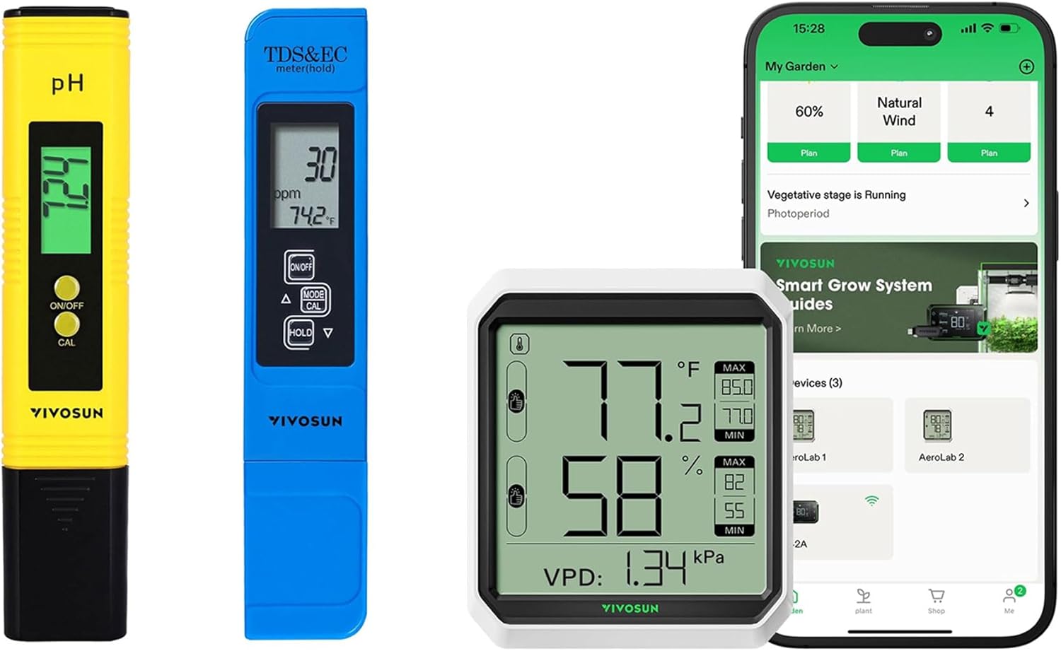 VIVOSUN Digital pH and TDS Meter Kits and AeroLab THB1 Wireless Bluetooth Hygrometer Thermometer Indoor, Smart Temperature Monitor, Digital Humidity Meter, LCD Remote App Control  Alert, Data Storage